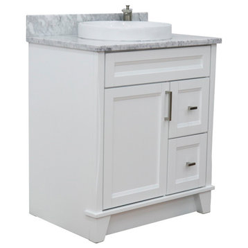 31" Single Sink Vanity, White Finish With White Carrara Marble With Round Sink