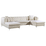 Meridian Furniture - Gail Velvet 3-Piece Sectional, Cream - Bring fine living to the forefront with this Gail three-piece sectional. This cream-colored sectional features two chaise ends, giving you the room you need to snuggle up and get comfortable on movie night. The upholstery is made from velvet and simply luxurious to the touch. Deep tufting all over the backs and sides of this unit add to its glamorous vibe, while the chromed legs finish off the design on a modern note. This sectional comes with pillows for added comfort and style.
