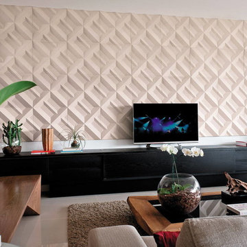 Modern white living room with white textured concrete wall