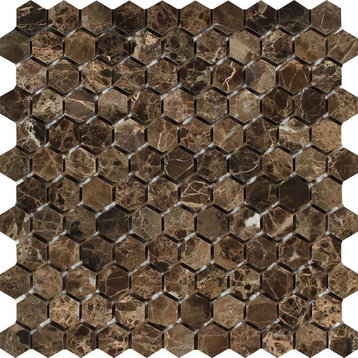 12"x12" European Polished Emperador Dark Marble Hexagon Mosaic, Set of 50