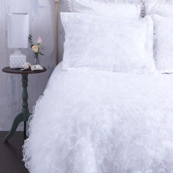 White Ruffled Duvet Cover With Rosette Trim & Chenille Top - Duvet Covers And Duvet Sets