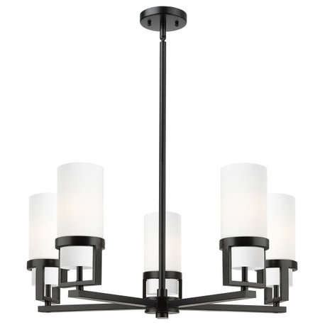 Utopia, 5 Light 8" Stem Hung Chandelier, Matte Black, Matte White Glass