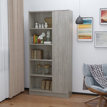 Bookcase, 10 Fixed Shelves and Side Door for Enclosed Storage, Grey Oak Finish