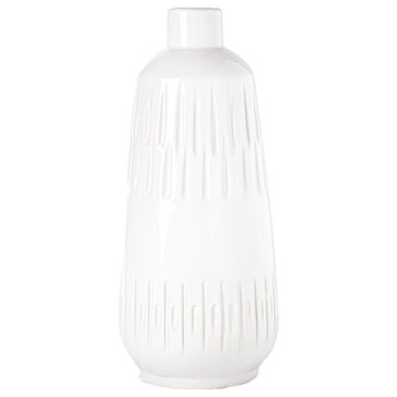 Ceramic Vase with Debossed Spike Pattern Design Gloss White Finish, Large