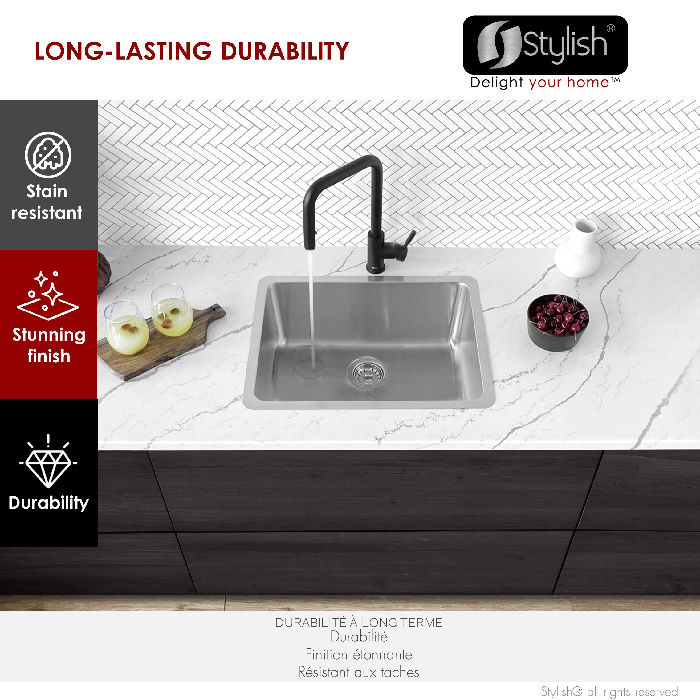 STYLISH 21 inch Single Bowl Undermount and Drop-in Stainless Steel Kitchen Sink