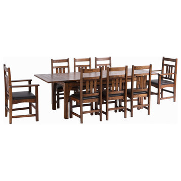 Arts and Crafts Oak Dining Table With 2 Leaves and 8 Dining Chairs, 9-Piece Set