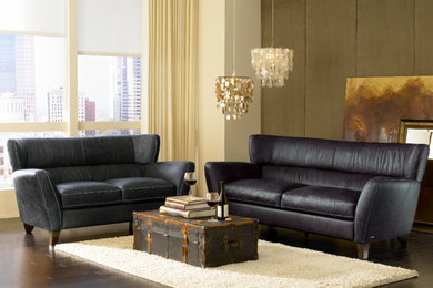 Example of a mid-sized trendy formal and open concept dark wood floor and brown floor living room design in Toronto with beige walls