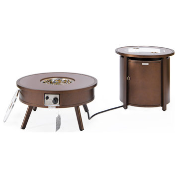 LeisureMod Walbrooke Round Fire Pit Table and Tank Holder, Brown