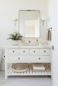 Mirror size & spacing for scones over bathroom vanity