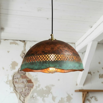 Handmade Copper Pendant Light with Perforated Pattern & Verdigris Edge – Rustic