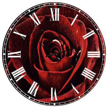 Red Rose With Raindrops On Black Flowers Round Wall Clock, 36x36