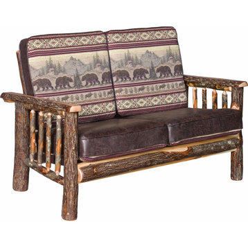 Hickory Log Love Seat with Faux Brown Leather Accents, Bear Mountain