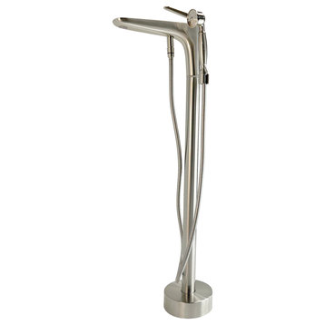 Pluto Floor Mounted Triangle Head Tub Filler Faucet with Handshower, Brushed Nickel, Float Handle
