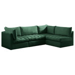 Meridian Furniture - Jacob Velvet Upholstered 4-Piece L-Shaped Modular Sectional, Green - Create the ideal seating arrangement for your space when you pick and choose the elements you like mostincluding this Jacob velvet modular sectional. Mix and match items in the Jacob collection to bring your living space or family room together with a personalized slant. Soft green velvet upholstery is soft and welcoming to the touch, adding a luxurious feel to everyday seating. Deep channel tufting adds to the piece's durability, and latches underneath the unit make it easy to attach to other pieces in the collection.