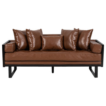 Manbow Faux Leather Upholstered Oversized Loveseat with Accent Pillows, Cognac Brown + Black