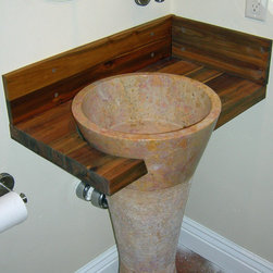 Red Marble Pedestal Sink & Reclaimed Teak Vanity - Bathroom Sinks
