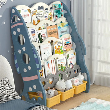 Blue Cute Rocket Kids' Standing Bookcase with Toy Organizer Basket