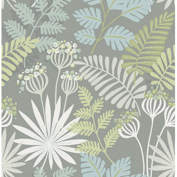 4014-26451 Praslin Gray Off White Neutral Botanical Unpasted Non Woven Wallpaper