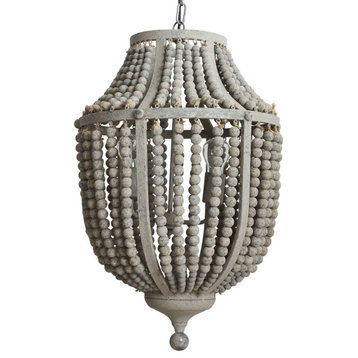 Unique Pendant Lighting, Distressed Metal Frame With Decorative Wood Beads