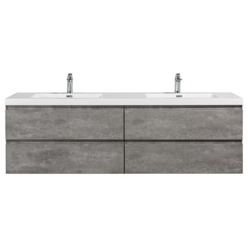 Alma-Pre 4 Drawers Wall Mount Vanity, Integrated White Sink, Cement Crey, 60"