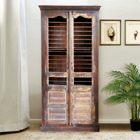 Consigned Antique Armoire Wardrobe Brown Iron Grid Hand Carved Cabinet 85