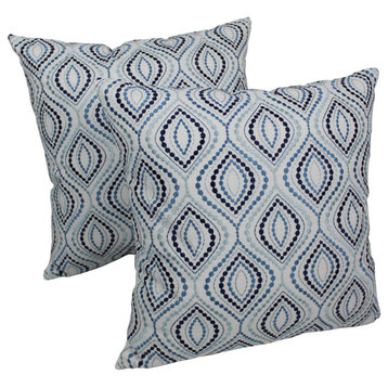 20"Indian Blue Palette Ogee Throw Pillow, Set of 2, Blue Embroidery/Ivory Fabric