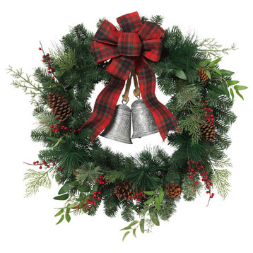 32-in D Mixed Pine Wreath w/ Red Berries, Bells, Cone, Cedar, Leaves & Bow