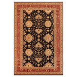 Bareens Designer Rugs - Bohemien Ziegler Adrienne Black Red Hand-Knotted Wool Rug - 9'10'' x 14'3'' - Enhance the ambiance of your home with this magnificent Persian-influenced Turkish hand-knotted rug made by skilled artisans capable of creating the most exceptional vegetable dyes and hand-spun wool. This exquisite handmade rug is a one-of-a-kind Peshawar Kafkaz, otherwise identified as Chobi, Chobi Peshawar, Oushak, or Ziegler rug. These handmade rugs are crafted in Pakistan utilizing superior-quality wool imported from Australia, New Zealand, and Korea in two types of weaves: the Persian weave and the Mori weave. This rug is meticulously crafted by hand using the finest natural vegetable dyes extracted from local plants. The artisans use a blend of hand-spun local and fine merino wool, resulting in a rug with a compelling texture, higher lanolin content, and longer staple. The artisans occasionally incorporate natural or artificial silk into the pile to enhance specific motifs. The finished product is an awe-inspiring execution of flawless design and an understated palette that exudes elegance.