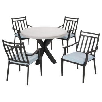 Monterey Outdoor 5 Piece Dining Set With Light Weight Concrete Table, Light Teal/Light Gray/Black