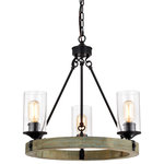 Edvivi Lighting - 3-Light Matte Black and Vintage Wood Wheel Chandelier With Clear Glass Shades - This rustic farmhouse chandelier brings together weathered wood and black detailing to create a stunning design. With its classic wagon wheel structure and clear glass cylinder shades, this chandelier fits into many of today's trends. Three medium size bulbs are covered by clear glass shades. The 48-inch chain is adjustable and we always recommend adding a dimmer switch for even more customization.