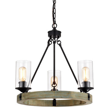 3-Light Matte Black and Vintage Wood Wheel Chandelier With Clear Glass Shades