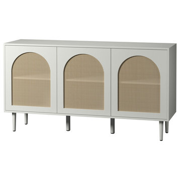 3-doors Modern Sideboard Cabinet With Rattan Design, White