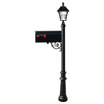 Post W/ Economy #1 Mailbox, Fluted Base In Black Color With Black Solar Lamp