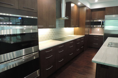 Inspiration for a mid-sized contemporary l-shaped dark wood floor open concept kitchen remodel in Grand Rapids with a double-bowl sink, flat-panel cabinets, dark wood cabinets, quartzite countertops, gray backsplash, glass tile backsplash, stainless steel appliances and an island
