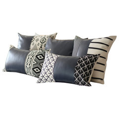 Set of Two Prussian Blue Ikat Faux Leather Zippered Pillow Cover Set of Two Prussian Blue Ikat Faux Leather Zippered Pillow Cover