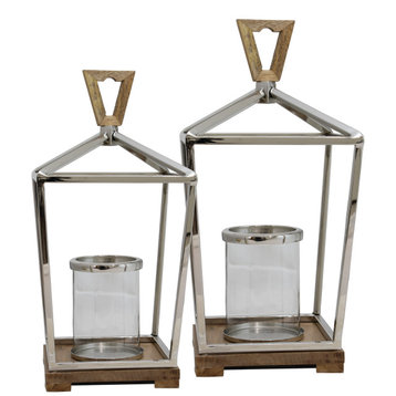 Set of 2  Silver Metal Caged Candle Lanterns
