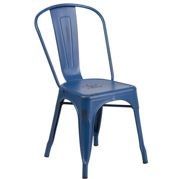 Distressed Antique Blue Metal Indoor-Outdoor Stackable Chair