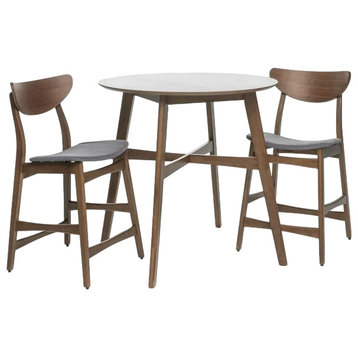 3 Pcs Bar Pub Set, Round Table & Padded Stool With Curved Open Back, Gray