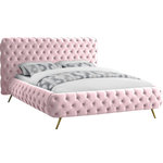 Meridian Furniture - Delano Velvet Upholstered Bed, Pink, King - Surround yourself in modern luxury when you add this Delano Pink Velvet King Bed to your bedroom oasis. Sumptuous by design, this bed features all-over button tufting for a look that is nothing short of stunning. This dimensional bed features a heavily padded headboard and side rails, each covered in magnificent-to-the-touch pink velvet for a look that's upscale and simply divine. Metal legs on this bed allow easy clearance for vacuuming, and the bed uses just a mattress, so there's no need for a box spring or foundation, which only adds to its sleek look.