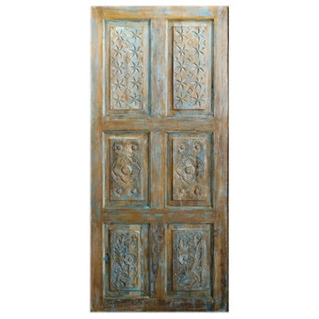 Consigned Vintage Ornate Door, Blue Twilight Stars Carved Doors, 80x36