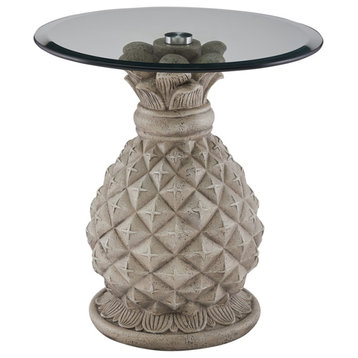 Linon Pensacola Sculptured Resin Pineapple Side Table with Glass Top in Gray
