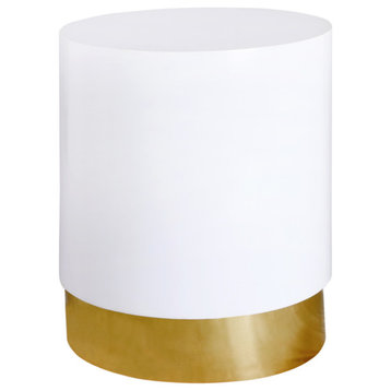 Deco End Table, White Lacquer Metal Top, Gold Metal Base