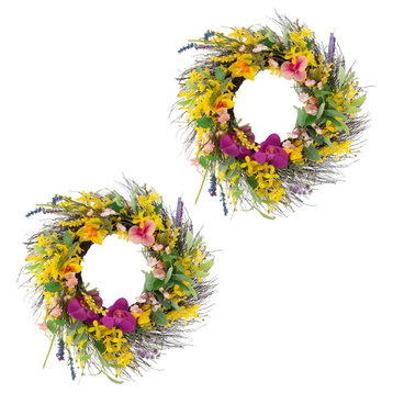 Daisy and Lavender Wreaths Two 24-Inch Artificial Spring Wreaths for Home Decor