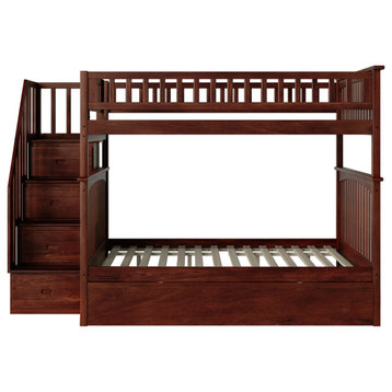 Staircase Bunk Bed Full Over Full With Full Size Urban Trundle Bed, Walnut