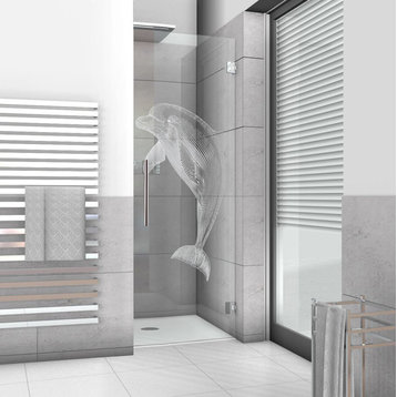 Hinged Alcove Shower Door With Dolphin Design, Non-Private, 32"x70" Inches, Right