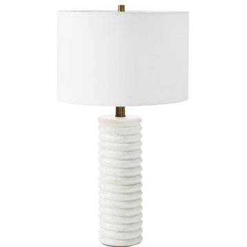 Sumner White Marble Table Lamp With Off-White Cotton Shade And Brass Accents