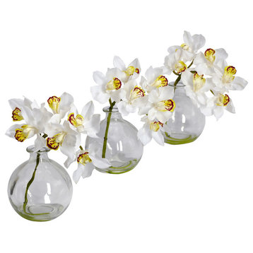 Cymbidium With Vase Silk Flower Arrangement, Set of 3