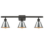 INNOVATIONS LIGHTING - Innovations 516-3W-OB-M8-Piece3-Light Bath Vanity Light, Oil Rubbed Bronze - Innovations 516-3W-OB-M8-PC 3-Light Bath Vanity Light Oil Rubbed Bronze. Collection: Ballston. Style: Industrial, Farmhouse, Restoration-Vintage. Metal Finish: Oil Rubbed Bronze. Metal Finish (Shade): Polished Chrome. Metal Finish (Canopy/Backplate): Oil Rubbed Bronze. Material: Steel, Cast Brass. Dimension(in): 10. 5(H) x 26(W) x 8(Ext). Bulb: (3)60W Medium Base,Dimmable(Not Included). Maximum Wattage Per Socket: 100. Voltage: 120. Color Temperature (Kelvin): 2200. CRI: 99. 9. Lumens: 220. Glass or Metal Shade Color: Polished Chrome. Shade Material: Metal. Shade Shape: Cone. Metal Shade Description: Polished Chrome Smithfield. Shade Dimension(in): 6. 5(W) x 4. 5(H). Fitter Measurement (Glass Or Metal Shade Fitter Size): Neckless with a 2. 125 inch Hole. Backplate Dimension(in): 4. 5(H) x 6(W) x 0. 75(Depth). California Proposition 65 Warning Required: Yes. UL and ETL Certification: Damp Location.