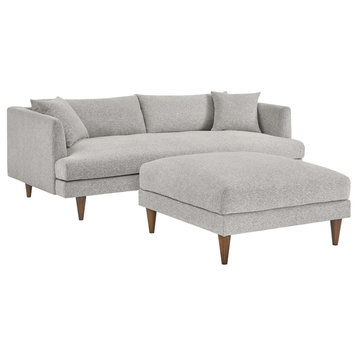 Zoya Down Filled Overstuffed Sofa and Ottoman Set, Heathered Weave Light Gray
