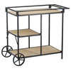 Benzara BM285235 Bar Cart, 3 Tiers, Fir Wood Shelves, Iron Frame, Black, Brown